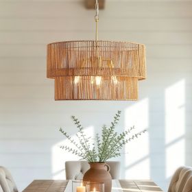 23.62 in. Handwoven Woven Paper Rattan Chandelier, 2-Tier Boho Wabi-Sabi Pendant Light, Gold Metal Hanging Ceiling Lamp
